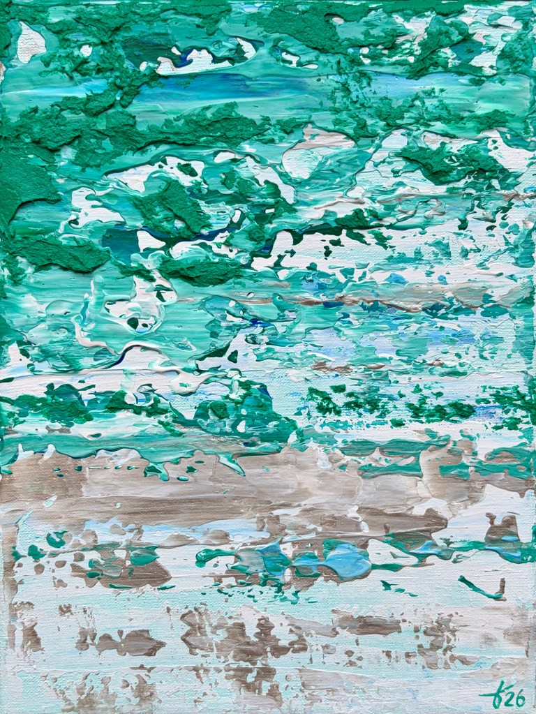 Small abstract painting with textured layers in white, silver, and a bright accent color, designed as a bold visual statement.