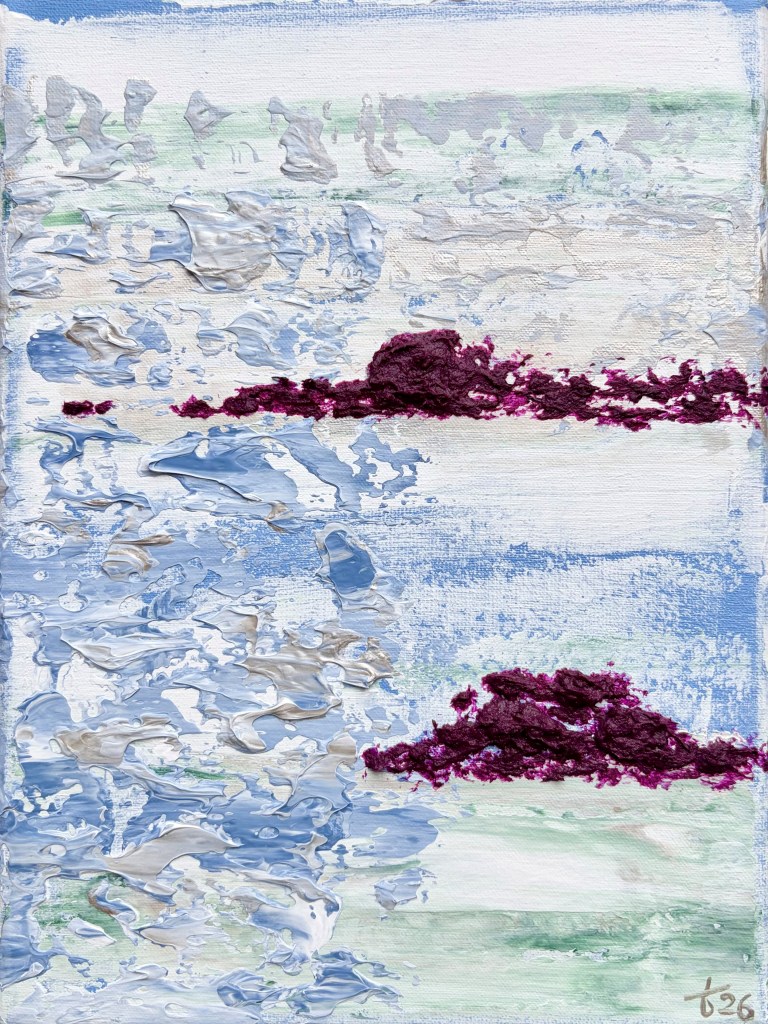 Small abstract painting with textured layers in white, silver, and a bright accent color, designed as a bold visual statement.
