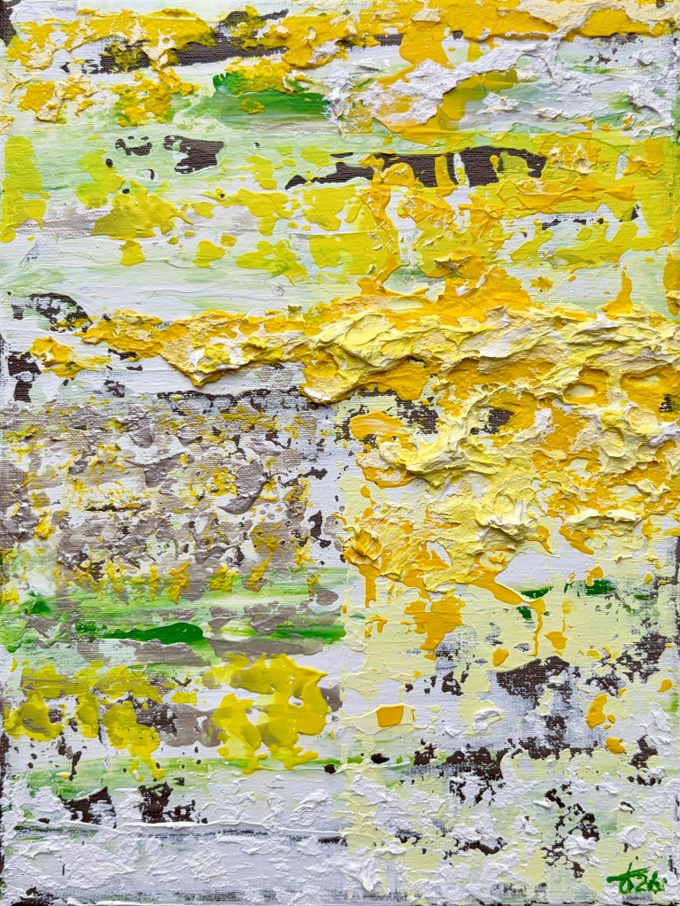 Small abstract painting with textured layers in white, silver, and a bright accent color, designed as a bold visual statement.