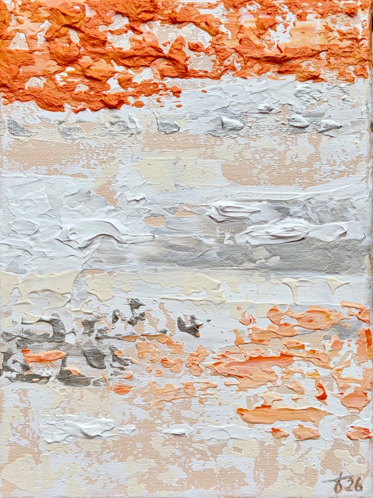 Small abstract painting with textured layers in white, silver, and a bright accent color, designed as a bold visual statement.
