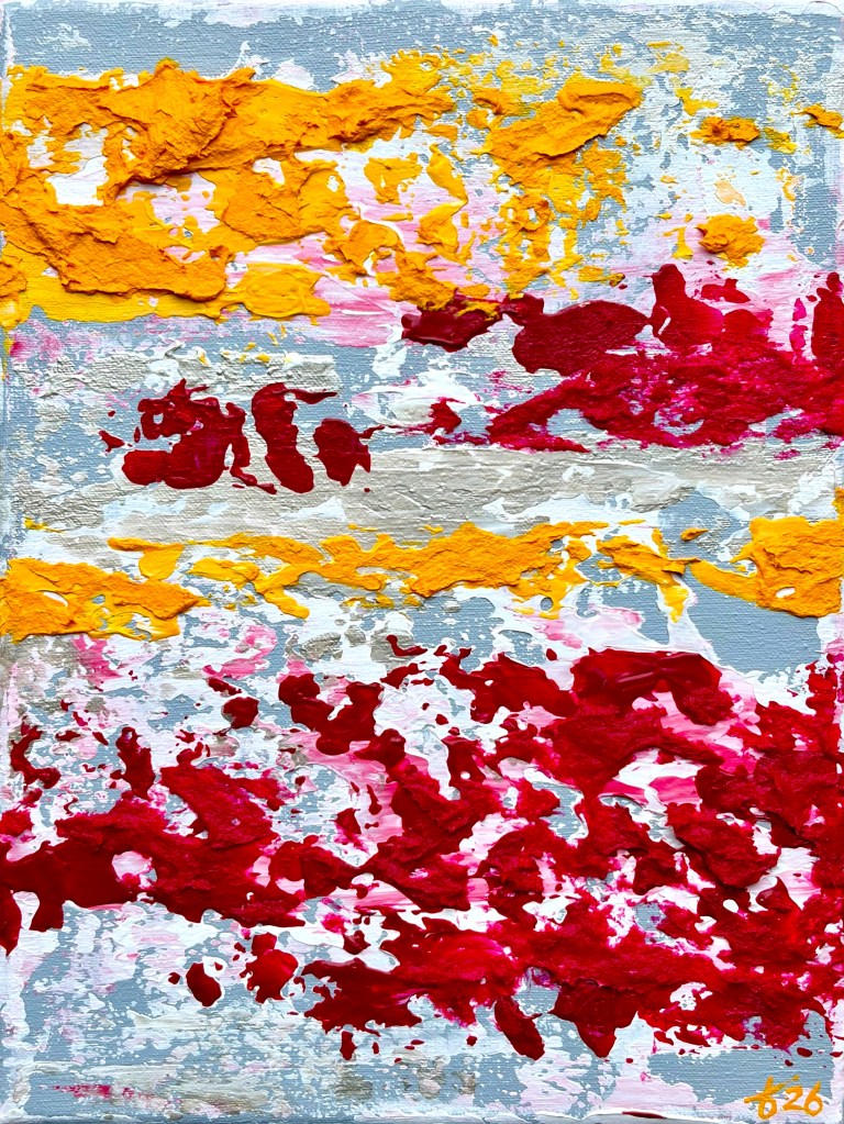 Small abstract painting with textured layers in white, silver, and a bright accent color, designed as a bold visual statement.