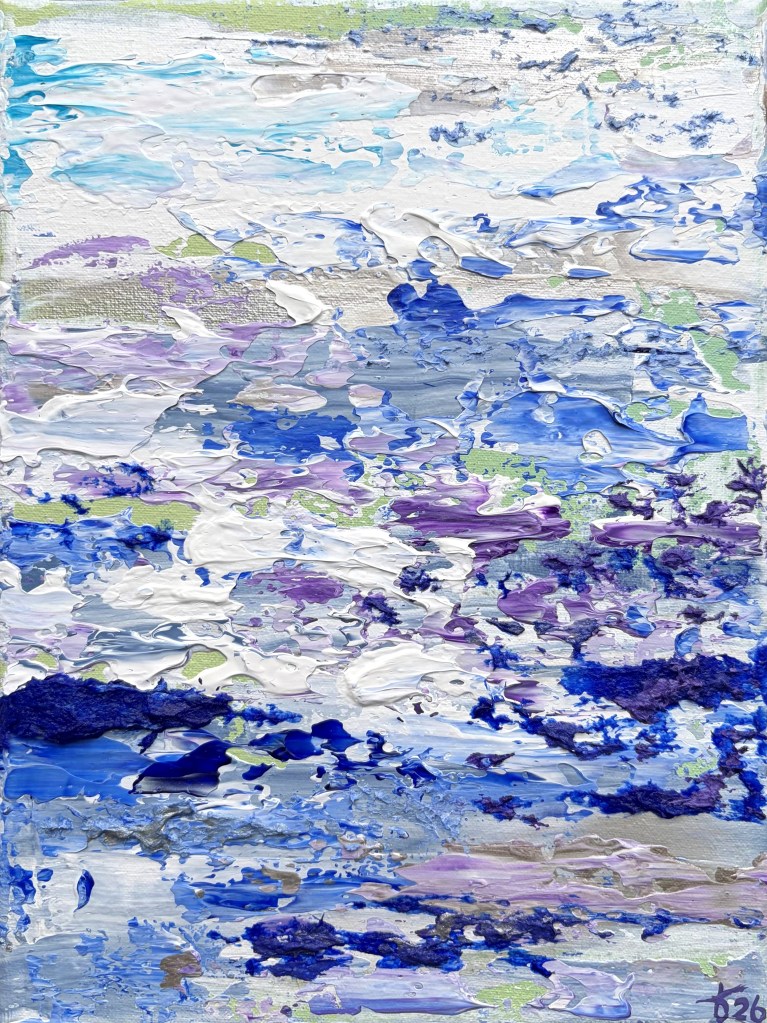 Small abstract painting with textured layers in white, silver, and a bright accent color, designed as a bold visual statement.
