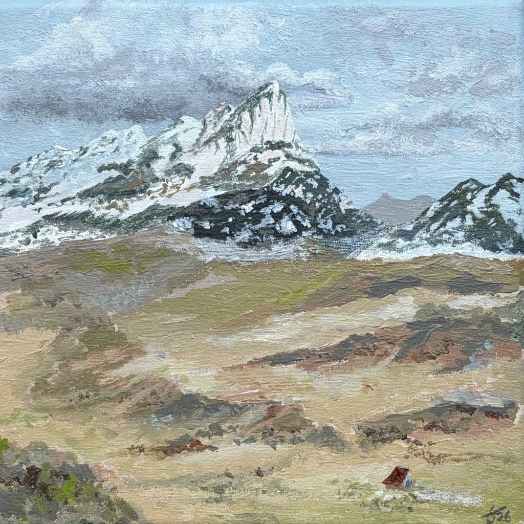 Small expressionistic mountain landscape painting with snow-covered peaks beneath a grey cloudy sky, inspired by Durmitor National Park.