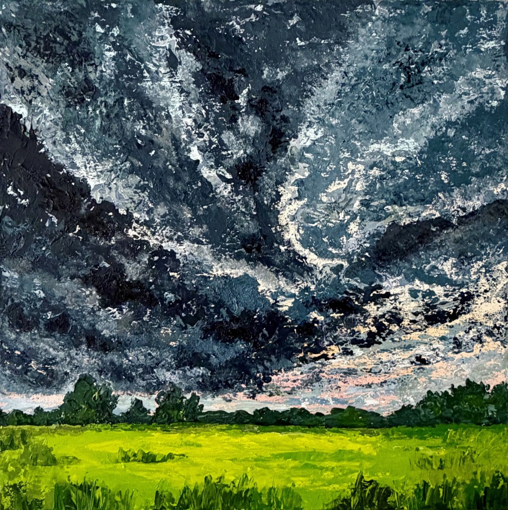 Expressionistic landscape painting with bright green fields beneath a dramatic dark blue-grey storm sky, inspired by Urkhovense Zeggen near Eindhoven. Painted by Liane Kusters