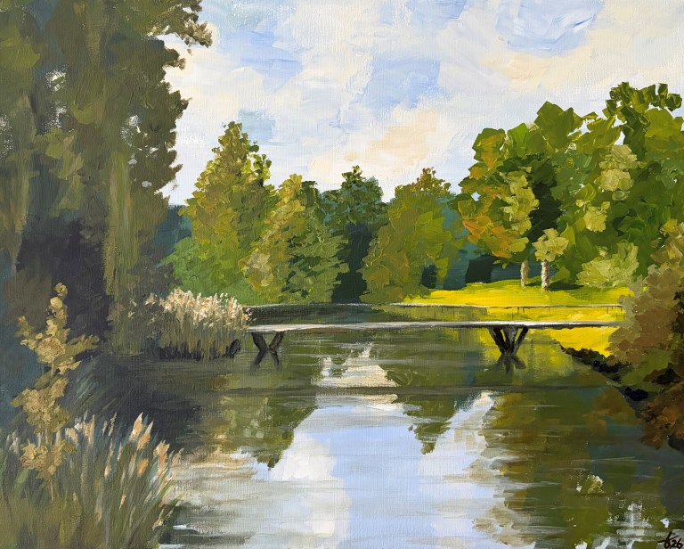 Impressionistic landscape painting of a small footbridge crossing a narrow waterway in a lush green setting. Sunlit grass and trees are reflected in the calm water beneath the bridge.