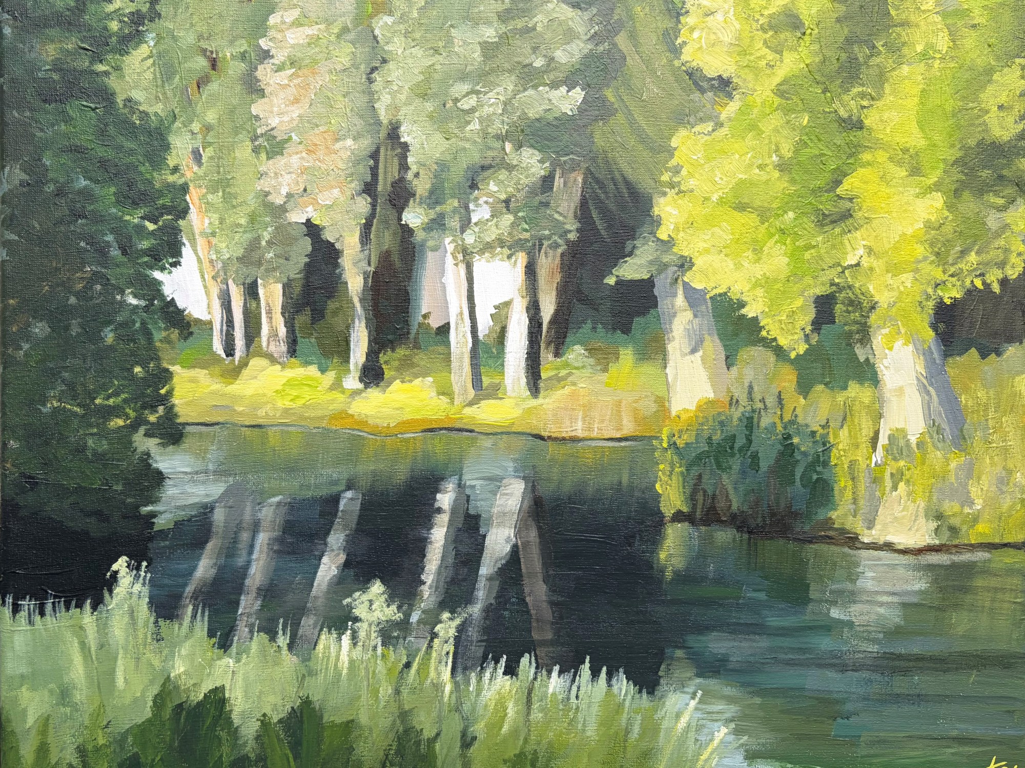 Impressionistic landscape painting of a calm waterway bordered by trees. Sunlight illuminates pale tree trunks and bright green foliage on the opposite bank, while their reflections stretch across the dark water.