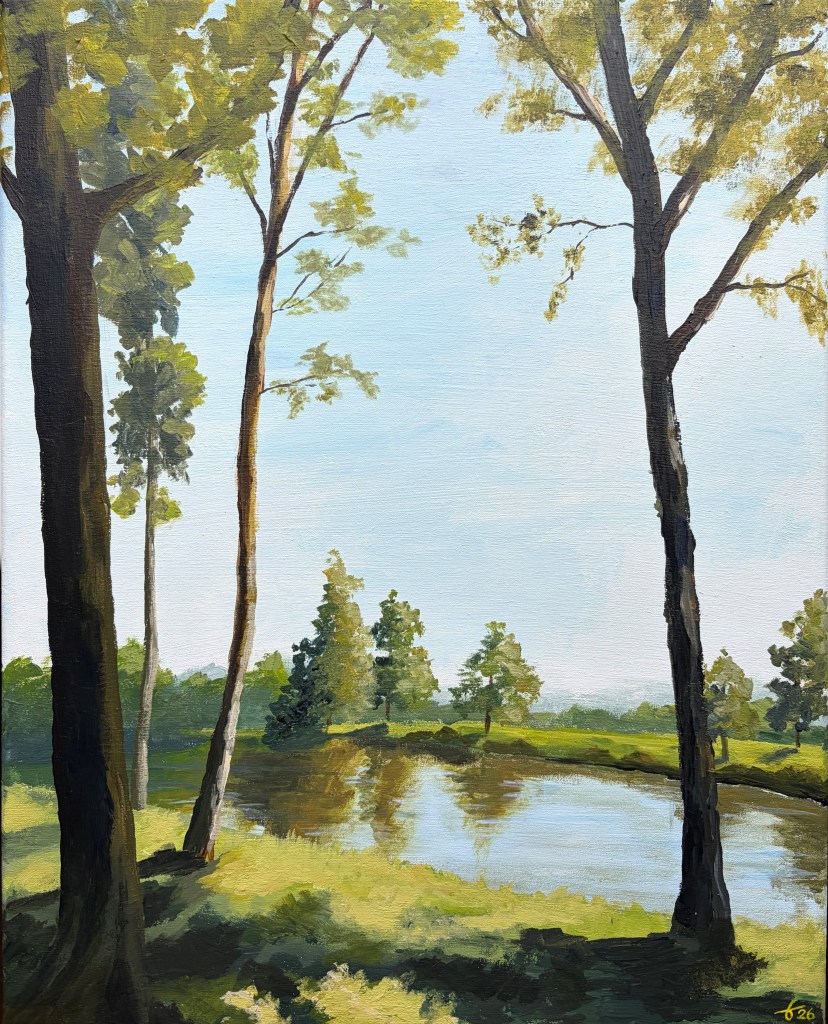 Painting of a pond bordered by tall trees. Sunlight illuminates the grass and reflects in the water, while dark tree trunks frame the landscape.