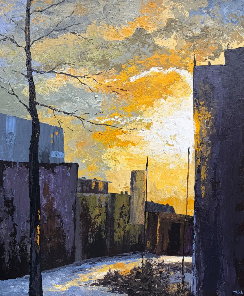 Second Dawn – Acrylic painting of a winter sunrise over Eindhoven, with a brilliant golden sun breaking through heavy clouds behind dark city buildings and reflecting on wet streets.