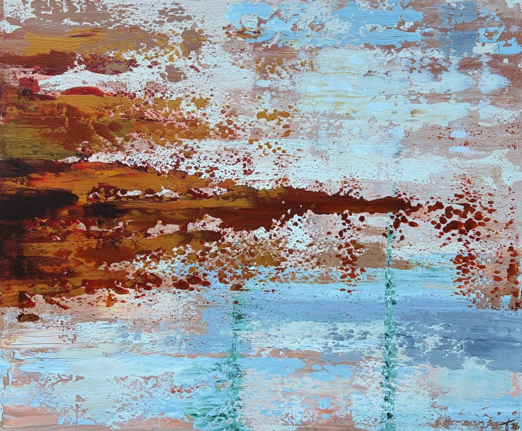 Abstract rakelschilderij Electra van Liane Kusters in warme herfsttinten koper, oker, roest en dieprood, gecombineerd met luchtig lichtblauw en turquoise.