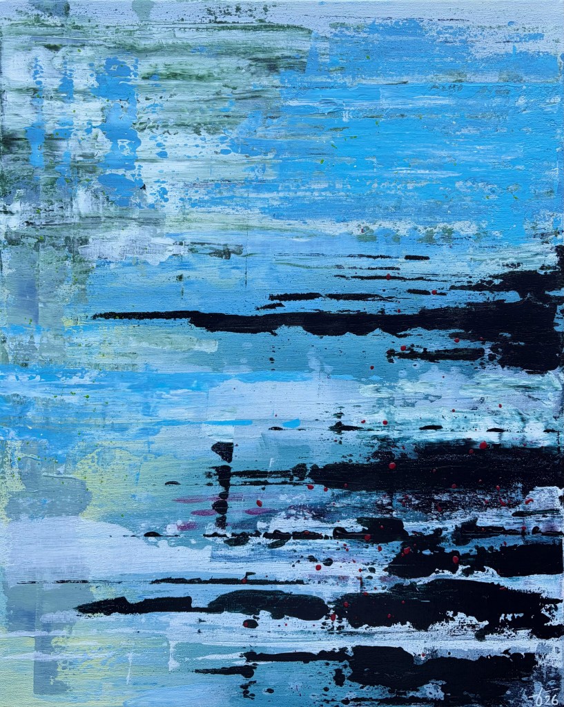Abstract painting Pacific State with layered blues and soft greens, dark shapes and accents of magenta.