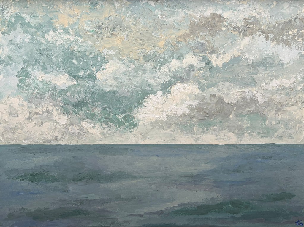 Atlantic Spell, an abstract seascape painting from the Horizons series, featuring a straight ocean horizon beneath dense, heavily textured clouds in muted turquoise, grey, cream and blue-green tones.