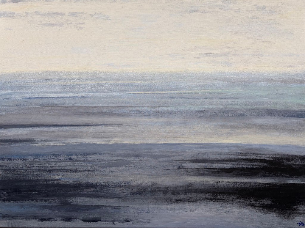 Abstract seascape painting Midnight Pearl from the Horizons series, featuring a misty horizon, soft layers of muted blue and grey, cool morning light and dark tones in the foreground.