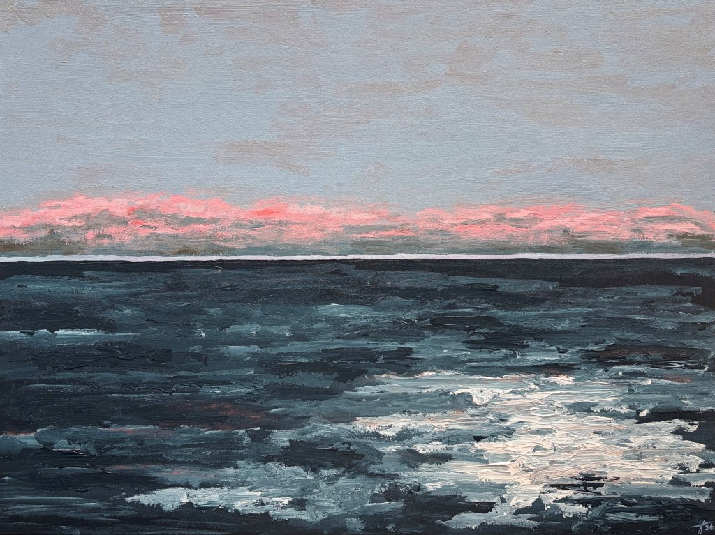 Raw Blush, an expressive seascape painting from the Horizons series, showing a dark, restless sea with textured white waves beneath a grey-blue evening sky and a band of glowing pink clouds along the horizon.